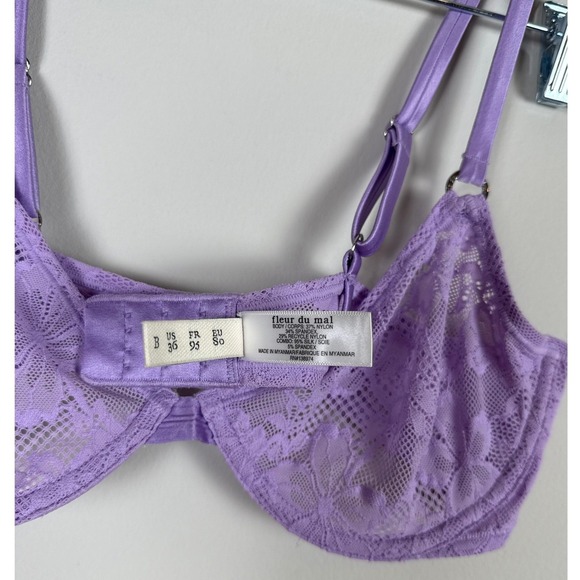Fleur du Mal Lilac Le Stretch Lace Bra 36B and Garter Belt Set M/L - Picture 8 of 13